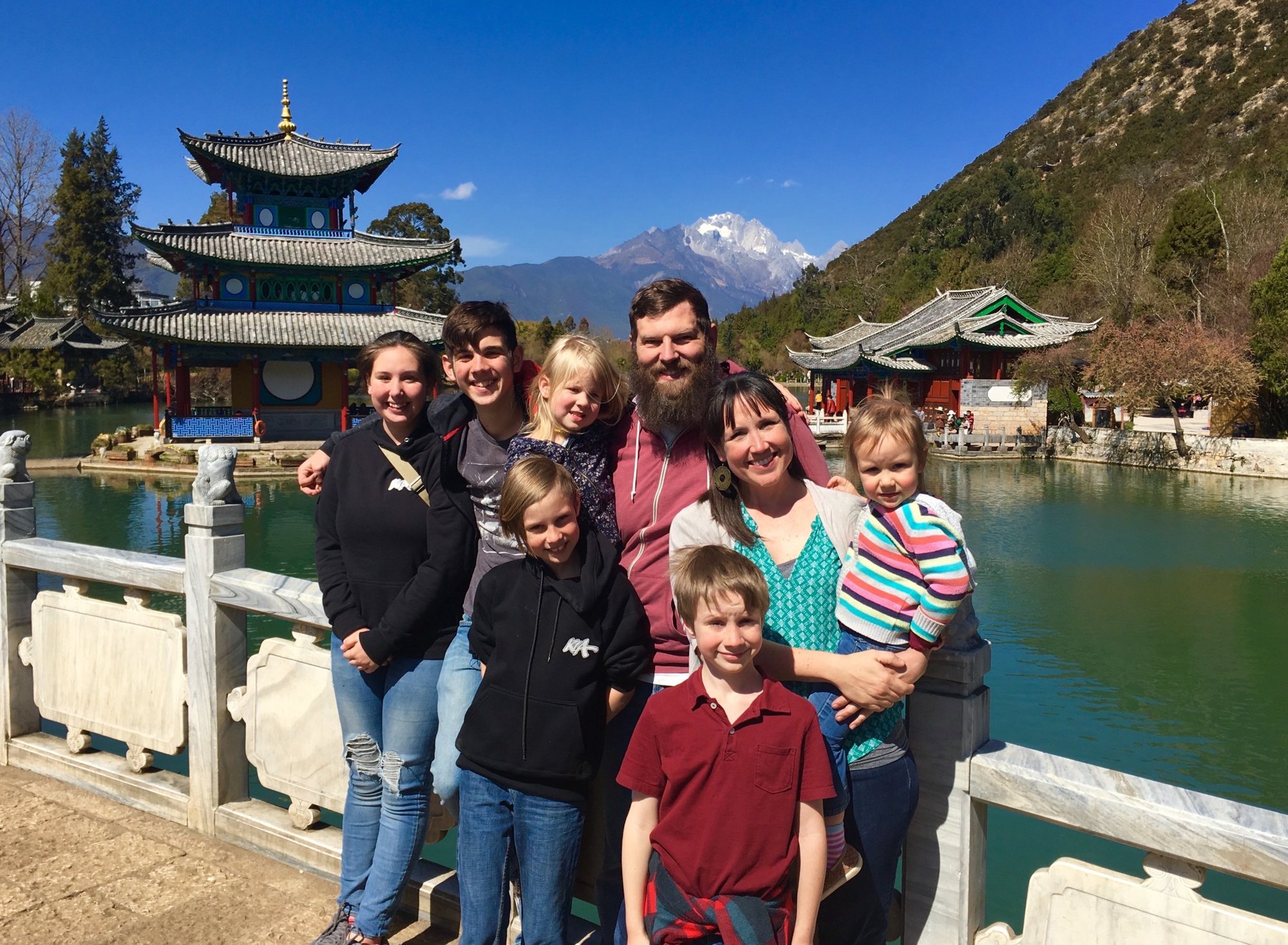 The Robbins family at Black Dragon Pool in Lijiang