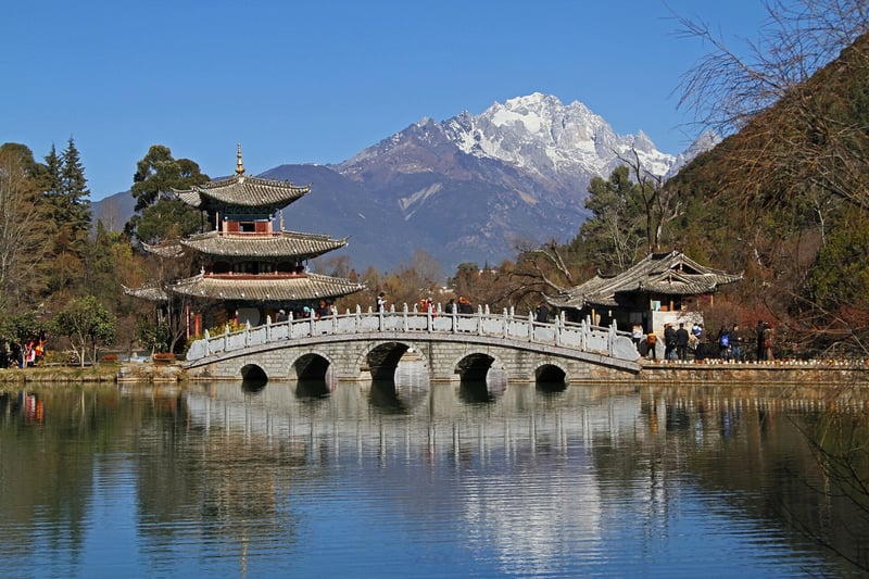 Black Dragon Pool with Jade Dragon Snow Mountain behind it