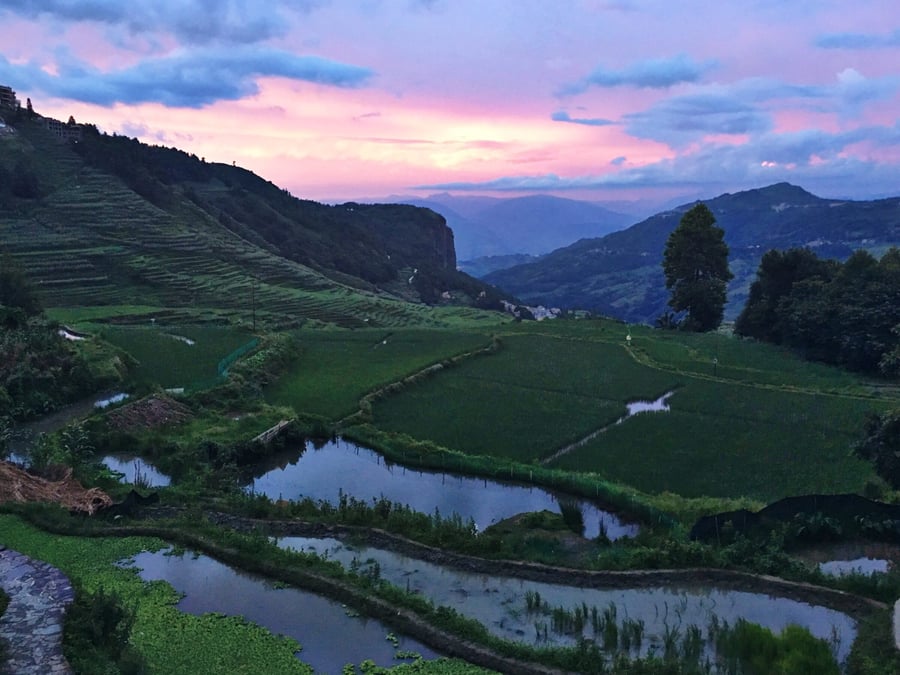 Hani rice terraces at sunset in Yuanyang