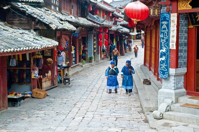 Naxi women walking through Lijiang old town